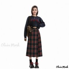 Olivia Mark - Vintage Plaid Midi Skirt with High Waist and Chic Design Black Flare Skirt, Plaid Midi Skirt, Black Flare, Vintage Plaid, Types Of Skirts, Vintage Skirt, Chic Design, Flare Skirt, A Line Skirt