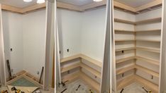 two pictures of the inside of a closet being built