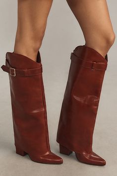 Exclusively at Anthropologie Leather upper, insole Rubber sole Pull-on styling Imported | x Anthropologie Buckle Foldover Boots by Matisse in Red, Women's, Size: 7, Leather/Rubber Faux Leather Heeled Boots With Buckle For Fall, Faux Leather Heeled Boots With Buckle Closure For Fall, Fall Faux Leather Heeled Boots With Buckle Closure, Brown Buckle Closure Knee-high Boots For Work, Brown Knee-high Boots With Buckle For Work, Faux Leather Heeled Boots With Buckle Closure, Workwear Knee-high Boots With Buckle Closure, Leather Mid-calf Boots With High Heel And Buckle Closure, Winter Heeled Boots With Buckle Closure