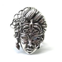 925 Sterling Silver Venice Mask Ring, Handmade Silver Ring, Masquerade Ring in Sterling Silver, Unique Silver Ring, Ring Silver, Silver RingWonderful and very stylish Masquerade Ring and you will love it. This unique Mask Ring is handmade, hand carved and finished by me in Armenia. It is made of 925 Sterling Silver. I add darkening patina to give the ring more expression and sensitiveness.Weight: 10 grMaterial: 925 sterling silverPayment: I only accept Paypal. It's easy to use and can be linked Silver Fantasy Rings For Anniversary, Fantasy Style Silver Ring For Anniversary, Fantasy Silver Rings For Anniversary, Elegant Silver Sterling Silver Skull Ring, Elegant Sterling Silver Skull Ring In Silver, Woman Mask, Mask Carnival, Carnival Holiday, Venice Mask