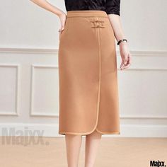 Majxx - Stylish Coffee-colored High-waisted Pencil Skirt with Button Closure and Mermaid Silhouette Elegant Brown Solid Color Bottoms, Fitted Solid Color Brown Skirt, Fitted Brown Skirt Solid Color, Fitted Solid Brown Skirt, Chic Non-stretch Brown Skirt, Casual Brown High Waist Pencil Skirt, Casual Fitted Brown Pencil Skirt, Fitted Brown Pencil Skirt Casual Style, Elegant Brown Skirt With Pockets