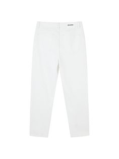 Details: Simple, clean, pure white jeansHigh-waisted and slightly tapered trousersThe embroidered letters at the waist and the leather label at the back are exquisite details.Ripped edges add a touch of individuality. Materials & Care: Cotton 61.4%; Lycra 16.6%; Polyester 14.1%; Mulberry Silk 6.9%; Elastane 1.0% Hand wash | Dry clean Do not bleach Size & Fit: Model is 5'7", Bust 32, Waist 24, Hips 35, wearing a size S Item #: LN2DP03 White Straight Jeans With Five Pockets, White Cropped Jeans With Five Pockets, Classic White Cropped Leg Jeans, Classic White Cropped Jeans, Classic White Jeans For Work, White Tapered Cotton Pants, White Tapered Leg Jeans, Chic White Tapered Leg Jeans, Classic White Jeans