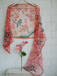 Hand painted Luxury Silk Chiffon scarf shawl - Blossoming Cherry Tree in Warm Pink Spring and five Black-caped Chickadees enjoying this beauty! Lots and lots of white and light pink cherry blossoms and little dark pink buds flowering branch, olive green leaves and wind blown petals will make you feel always in Spring... Chiffon is very light and transparent silk fabric. It is transparent in one layer and rich colors are open when scarf is wrapped around the neck or head. ------------------------ Spring Silk Shawl Scarf, Spring Bohemian Floral Print Dupatta, Bohemian Spring Floral Print Dupatta, Bohemian Floral Print Dupatta For Spring, Spring Floral Print Pink Dupatta, Artistic Floral Print Scarves For Spring, Spring Shawl Dupatta Scarf, Spring Silk Dupatta With Digital Print, Pink Silk Scarf