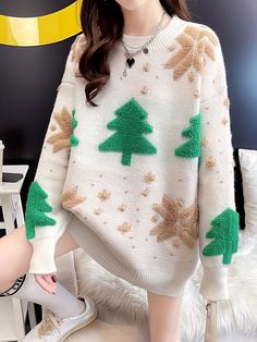 Christmas Tree Pattern Pullover Sweater, Casual Long Sleeve Drop Shoulder Sweater, Women's Clothing Sweater Women Outfit, Drop Shoulder Sweater, Christmas Tree Pattern, Drop Shoulder Sweaters, Sweater Women's, Tree Pattern, Tree Patterns, Women Outfit, Sweater Women