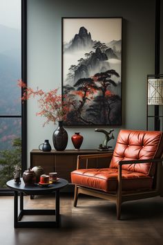 a living room filled with furniture and a painting on the wall