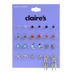 Claire's Red, Turquoise and Silver Earring Set is a beautiful starter or complement to your jewelry collection. With 12 sets of earrings with a trendy color palette of red, turquoise and silver, you have the finishing touch for your favorite everyday looks. These pieces are great for building your collection of accessories. Add as a final detail to any look for home, school and play. This set is a great gift for birthdays, holidays, celebrations, school dances, accomplishments and more. Glam up Cool Earrings For Guys, Trendy Color Palette, Silver Earring Set, Black Stud Earrings, Fashionable Jewelry, School Dances, Hypoallergenic Jewelry, Hoop Earring Sets, Red Turquoise