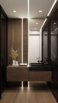 a modern bathroom with wood and glass walls