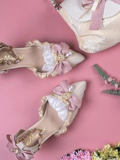 Handmade Hime Lolita Shoes Ruffle Trim Rhinestones Beaded Pink High Heels Quinceanera High Heels, Manhwa Shoes, Quinceanera Heels, Marie Antoinette Shoes, Antoinette Aesthetic, Affordable Heels, Court Fashion, Girl Adventure, Princess Heels