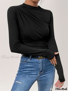 Olivia Mark - Elegant Long-Sleeved Shirt with Streamlined Fit and Refined Pleat Detailing Yoga Flare Pants, Short Blouses, Brown Outfit, Layering Outfits, Tank Top Camisole, Round Neck Tops, Lace Blouse, Blue Fashion, Lace Shorts