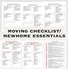 the moving checklist / newhome essentials list is shown in pink and white