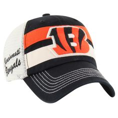 Show off your Cincinnati Bengals spirit with this '47 Clubhouse Boon Clean-Up Trucker Adjustable Hat. The '47 Clean Up silhouette provides a relaxed crown and curved visor, while the garment-washed cotton twill lends a soft, worn-in feel. With its embroidered applique team logo and sewn-on stripes, this trucker hat lets you rep your Bengals pride in style. Nfl Gear, Uniform Design, Shield Design, Embroidered Applique, 47 Brand, Cincinnati Bengals, National Football League, Black Mesh, Adjustable Hat