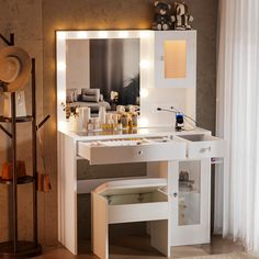 PRICES MAY VARY. 【55" Makeup Vanity Desk】Overall size: 33.5"L x 15.7"D x 55"H. The trendy finish and delicate crystalline handles make you feel fabulous every time you sit down to get ready, perfect for daily makeup, hair styling and dressing, selfies and live broadcast. Besides, the distance from drawer bottom to the floor is 23.8"", meets your daily sitting height. This vanity table would be a excellent gift whether it's birthday, Valentine's Day, Mother's Day, or Christmas for your wife, moth Jewelry Storage Cabinet, Storage Vanity, Cabinet Vanity, Jewelry Tray Organizer, Vanity Benches, Make Up Desk Vanity, Bedroom White, Lighted Mirror, Makeup Table