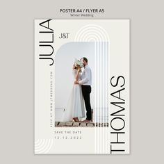 a poster for a wedding with an image of a couple in white and black on it