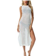 100% Polyester Size: One Size Fits Us Size S, M, L. Fits Height: 5’2-5’7, Body Weight:110lbs-145lbs. Bust: 32-40in, Length: 46in. Comfortable Fabric: This Swimsuit Coverups For Women Is Made Of Mesh Knit Crochet Lace. The Material Is Very Soft And Comfortable Fashion Design: This Bathing Suit Cover Ups For Women Is Featuring Waist And Hollow Knit Design. Suitable For Many Occasions: This Cover Ups For Swimwear Women Is Perfect For Wearing At Coast, Beach, Tanning Salon, Swim Pool Party, Poolside Beachwear Maxi Dress With Side Slits For Beach Cover-up, Stretch Beachwear Dress For Beach Cover-up, Fitted One-piece Beach Season Cover-up, Fitted One-piece Beach Cover-up, Fitted One-piece Summer Cover-up, Spring Beach Party One-piece Cover-up, Summer Vacation Longline Maxi Dress, Sleeveless Maxi Dress With Side Slits For Beachwear, Elegant Midi Length Beach Dress For Vacation