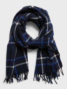 Soft and warm, this classic plaid scarf is designed for layering.  SUSTAINABLE: Made with a recycled polyester blend sourced from 6 post-consumer plastic bottles.  Length: 72" (183cm) Width: 20" (51cm) Casual Plaid Scarves For Cold Weather, Casual Wool Plaid Scarves, Casual Plaid Wool Scarf, Classic Plaid Scarves For Fall, Classic Plaid Scarves For Winter, Dark Blue Plaid, Windowpane Plaid, Winter Shawl, Scarf Outfit