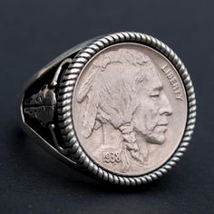 Splendid 925 Sterling Silver Signet Ring - Buffalo Skull Design. Hand-made. Antique style oxidized. The ring is set with a genuine US 1938 Indian Head Buffalo Nickel Coin, showing OBVERSE in front - Indian Head. Great detail, nice depth, and beautiful contrast. I designed and made the ring. The ring is NEW and never used.Ring size:  You need to pick a ring size from drop-down menuTarget: UnisexCoin year: 1938 Indian Head Buffalo NickelMaker's mark: JTStamped: 925I will be happy to combine shipme Horn Coral, New Buffalo, Buffalo Skull, Buffalo Nickel, Indian Head, Gold Bullion, Silver Signet Ring, Silver Eagles, Skull Design