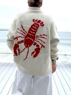 Fun Lobster Cardigan Sweater Jacket Needle Cushion, Loose Cardigan, Closet Inspiration, Cardigan Sweater Jacket, Layering Outfits, Knit Sleeve, Collars For Women, White Cardigan, Punch Needle