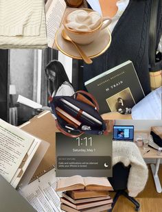 a collage of books, hats, and other items in black and white photo