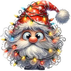 a cartoon santa claus with christmas lights on his head and beard, wearing a red hat