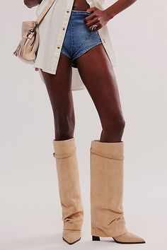 Stand out in these statement suede foldover boots, complete with flared overlays and buckle details for a pair that brings the drama. **Features:** Knee-high length, pull-on style, suede fabrication, slouchy flared overlay, buckle accent, pointed toe, chunky block heel **Why We | Felicity Foldover Boots by FP Collection at Free People in Tan, Size: US 7 Foldover Boots, Chunky Block Heels, The Drama, Fall 2024, Tall Boots, Boot Shoes Women, Knee High, Block Heels, Shoe Boots