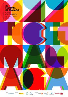 the poster for festival de malga, featuring colorful geometric shapes and letters in different colors