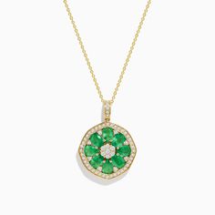 Effy Brasilica 14K Yellow Gold Emerald and Diamond Pendant Yellow Gold Multi-stone Jewelry, Yellow Gold Multi-stone Round Jewelry, Gold Multi-stone Jewelry For May Birthstone, Multi-stone Emerald Gold Jewelry, Multi-stone Round Jewelry For May Birthstone, Exquisite Green Round Jewelry, Green Multi-stone Round Necklaces, 14k Gold Multi-stone Round Jewelry, Green Multi-stone Round Necklace