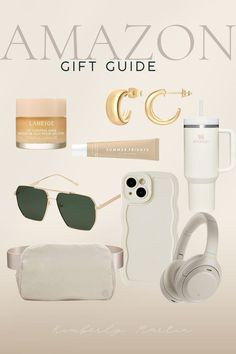 the ultimate gift guide for women is on display in front of a white background with gold accessories