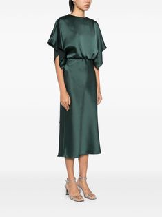 Chic Green Maxi Dress With Draped Sleeves, Green Silk Short Sleeve Midi Dress, Chic Green Midi Dress With Draped Sleeves, Green Cape Sleeves Dress For Evening, Chic Green Dress With Draped Sleeves, Green Cape Sleeve Evening Dress, Evening Green Dress With Cape Sleeves, Green Evening Dress With Cape Sleeves, Silk Evening Dress With Flutter Sleeves