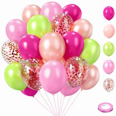 a bunch of balloons and confetti on a white background