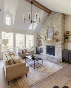 a living room filled with furniture and a fire place in the middle of a room