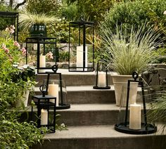 candles are lit on the steps in front of some plants