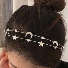 This Celestial Crescent Moons And Stars Gold Color Layered Hair Hoop Is A Wonderful Addition To Your Wardrobe And Your Style! Rhinestones Have A Nice Shine! Boho Style! Color Layered Hair, Boho Celestial, Plaid Headband, Stars Gold, Prom Hair Accessories, Moons And Stars, Metal Headband, Wire Headband, Bridal Hat