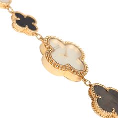 This Van Cleef & Arpels watch is a smaller model with a 18K yellow gold bezel, white mother of pearl dial, 18K yellow gold crown, 18K yellow, gold, white and gray mother of pearl and onyx bracelet with a 18K yellow gold clasp and quartz movement.There are five mother of pearl stones and three onyx stones.Origin: FranceCondition: New and never wornAccompanied by: VCA green jewelry box, travel pouch, extra links Measurements: 26 mm Luxury Yellow Gold Watches For Evening, Luxury Yellow Gold Evening Watch, Luxury Yellow Gold Jewelry And Watches For Gifts, Luxury White Bracelet For Evening, Luxury White Bracelets For Evening, Timeless White Watches For Evening, Luxury White Evening Watch, Luxury Gold Jewelry With Diamond Hour Markers, Luxury Black Jewelry And Watches As Gifts