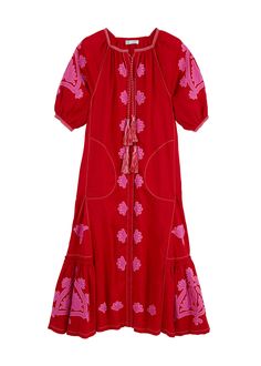 Matisse Embroidered Ukrainian Dress/ Caftan - Red, Pink by Larkin Lane With its feminine shape and exquisite embroidery and details, the Matisse dress from Ukraine is a "one decision" outfit that speaks volumes about your style. The beauty of this textile tradition takes center-stage and can be paired with simple accessories, wedges, boots, or sandals. Versatile enough to go from sightseeing to celebrations; and did we mention... it has pockets?? Embroidery is a fundamental part of the Ukrainian Traditional Embroidered Red Maxi Dress, Traditional Red Embroidered Maxi Dress, Festive Embroidered Red Maxi Dress, Elegant Red Embroidered Maxi Dress, Fitted Red Embroidered Maxi Dress, Red Embroidered Maxi Length Dress, Red Embroidered Fitted Maxi Dress, Festive Red Dress With Chikankari Embroidery, Fitted Red Maxi Dress With Floral Embroidery