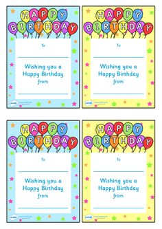 four birthday cards with balloons and stars