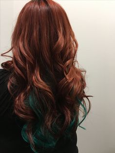 Red And Green Peekaboo Hair, Auburn And Green Hair, Red And Teal Hair Color, Natural Red Hair With Peekaboo Color, Auburn And Teal Hair, Ginger Hair With Blue Streaks, Red Hair With Teal Highlights, Natural Red Hair With Vivid Colors, Ginger With Purple Highlights