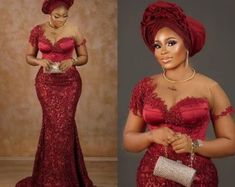 This stunning red lace gown is the perfect addition to any woman's wardrobe. This African fashion piece is crafted from luxurious lace and features a beautiful mermaid silhouette that will make you stand out from the crowd. The intricate lace detailing is sure to make you look regal and elegant, while the Aso ebi style brings a unique and modern twist to the classic red gown. Perfect for evening events, this African lace gown will make you feel like royalty as you enter the room. The red lace is sure to turn heads, and the intricate detail of the dress will make you feel like a million dollars. The delicate white lace contrasts with the deep red of the dress and makes this piece truly special. Whether you're attending a wedding, a formal event, or just want to spice up your wardrobe, this Nigerian Wedding Attire Guest, Red Lace Evening Dress With Lace Bodice, Red Evening Dress With Lace Bodice, Red Lace Maxi Dress For Prom, Banquet Gown With Lace Bodice, Fitted Red Lace Gown, Red Lace Maxi Dress For Formal Occasions, Elegant Red Evening Dress With Lace Bodice, Lace Gown For Banquet