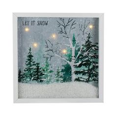 a christmas card with the words let it snow and trees in front of a snowy background