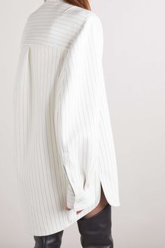 Chic White Shirt With Vertical Stripes, Chic White Business Tops, Chic Vertical Stripes Office Shirt, Chic Office Shirt With Vertical Stripes, Oversized Pinstripe Tops For Work, Elegant Oversized Business Shirt, Elegant Oversized Shirt For Business, Chic White Blouse For Business, Chic Formal Blouse With Vertical Stripes