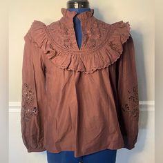 New With Tags! Excellent Condition Other Than A Small Portion Of The Ruffled Collar On The Right Side In Photos Is Not Bunched Fully. Not Noticeable And Could Be Fixed. Size Xs Bust: 34” Waist:40” Sleeve: 24” Organic Cotton Peasant Style Brown Long Sleeve Tops, Bohemian Blouse With Ruffled Collar, Peasant Blouse With Boho Collar For Fall, Blouse Long Sleeve, Ruffled Collar, Trim Color, Peasant Blouse, Long Blouse, Long Sleeve Lace