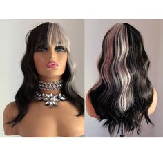 this wig is a great option for cosplay enthusiasts and Halloween party-goers who want to add some and to their appearance. It is a 20-inch long synthetic wig that has a wavy texture, looks genuine and is simple to wear.  🖤in stock and ready to be dispatched from the UK  🤍contrast black and silver wig  🖤synthetic fibers  🤍beautiful wavy style  🖤20 inch length  🤍perfect halloween dress up or for parties  🖤wig with bangs  It is beginner-friendly and suitable for those who have little to no experience wearing wigs. the wig is made of lightweight and comfortable synthetic fibers that are low-maintenance and will not form tangles. The Silver & Black Wig is adaptable and can be styled in various ways to match different costumes and characters. It is a perfect choice for characters with adv Synthetic Dress, Powdered Wig, Silver Wig, Silver Wigs, Halloween Costume Props, How To Wear A Wig, Horn Headband, Wavy Style, Black Wig