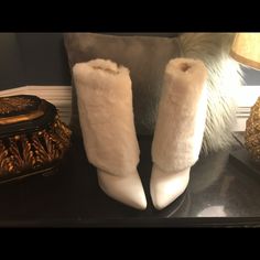 Fur Leather Boots With Stiletto Heels. Several Sizes Available . Brand New Designer Winter Heels With Pointed Toe, White Winter Boots For Evening, White Boots For Evening In Winter, White Winter Evening Boots, White Fur Boots, White Fur, White Boots, Fur Boots, Leather Boots