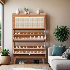 a living room filled with furniture and lots of shoes on the shelf next to a window