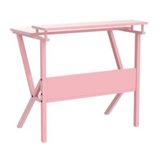 a pink desk with a shelf underneath it