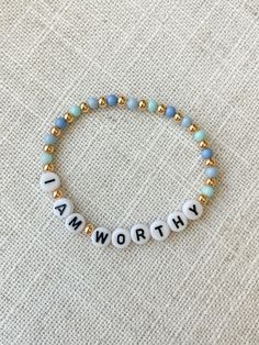 "Mommy and Littles Co affirmations \"I am Worthy\" bracelet. Such a small item can make such a big difference! Details: *4mm gumball beads. *acrylic black and white letter beads. *4mm 14k gold plated beads. *Made with jewelry quality elastic. *please message if you are needing a size that is not listed! *NOTE: this listing is for ONE bracelet." Inspirational Beaded Bracelets For Everyday, Inspirational Handmade Stretch Bracelet, Meaningful Hypoallergenic Friendship Bracelets, Inspirational Beaded Bracelets For Friendship, Inspirational Round Beaded Bracelets For Friendship, Inspirational Hypoallergenic Stretch Bracelet For Everyday, Inspirational Round Beads Friendship Bracelets As Gift, Inspirational Friendship Bracelets With Round Beads As Gift, Meaningful Stretch Bracelet With Round Beads For Friendship