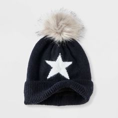 Stay warm and comfy with the Kids' Jacquard Star and Faux Fur Pom Knitted Beanie from art class™ in Black and White. Crafted from a blend of acrylic, recycled polyester and spandex, this cozy beanie features a double-layered knit construction for extra warmth. With a striking black-and-white star design and a playful faux fur pom, this hat can be easily styled casually. The midweight fabric and 9-inch crown height offer a snug fit, making it an ideal accessory for colder days. art class™: One-of Star Beanie, Cozy Beanie, Christmas Beanie, Black And White Stars, Kids Fleece, Grey Beanie, Recycled Polyester Fabric, Knitted Beanie, White Star