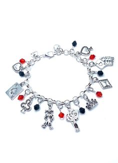 New. This Bracelet makes a perfect gift  has 11 Card Player themed Charms include Luck, Heart, Ace Card, Clubs, clown, Dealers, Hand Holding Cards, Queens Crown, Diamond, Flush, Spade, small heart in between each are tiny red and black drop charms all charms are approx 1/2" to 1" in size Stainless Steel bracelet has a lobster clasp closure measures approx 8" bracelet and charms are silver tone alloy and steel. Themed Bracelets As Valentine's Day Gift, Themed Bracelets For Valentine's Day Gift, Themed Valentine's Day Gift Bracelets, Multicolor Novelty Jewelry For Valentine's Day, Queens Crown, Crown Diamond, Ace Card, Queen Crown, Hand Holding