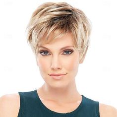 Natural Short Fluffy with Bangs Real Hair Mixed Healthy Synthetic Wigs for Women Color Blonde 2024 - $15.49 Short Hairstyles Over 50, Blond Ombre, Color Rubio, Blonde Pixie Cuts, Look Short, Pixie Cut Wig, Short Pixie Haircuts, Short Blonde Hair, Blonde Pixie