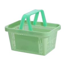 a green plastic shopping basket with handles on the bottom and two small forks in it