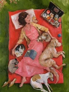 a painting of a woman laying on a blanket with her dogs and other things in front of her